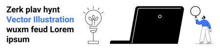 Lightbulb representing ideas, open laptop for technology, person holding balloon for creativity. Ideal for innovation, brainstorming, remote work, presentations, teamwork, education simple landingのイラスト素材