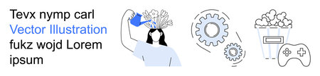 Creativity, education, innovation, growth, entertainment, technology. Woman watering flowers on...