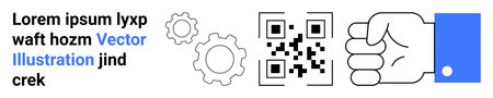 Technology, mechanics, digital tools, identity management, automation, innovation. QR code, gears and a fist on white background. Technology and mechanics through digital and mechanical elementsのイラスト素材