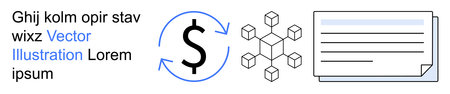 Blockchain, finance, cryptocurrency, digital transactions, decentralized ledger, data sharing. A dollar symbol, network nodes and a document flow. Blockchain and finance conceptsのイラスト素材