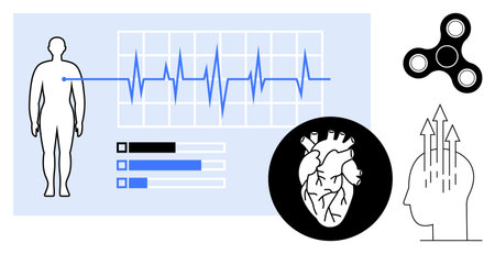 Health concept. Health ed by heart diagram, ECG wave, data visualizations, and brain with activity...