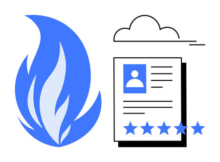 Graphic of blue flame, cloud, and profile document with star ratings. Represents digital identity,...