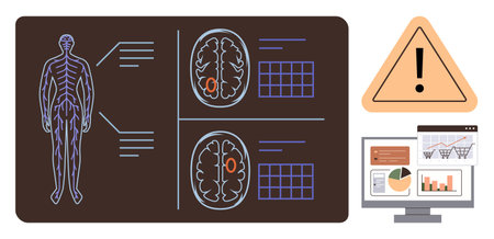 Human body outline with brain scans, warning sign, and computer displaying health data charts. Ideal for healthcare, neuroscience, diagnostics, monitoring, risk management, medical research simpleのイラスト素材