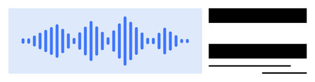 Blue soundwave in a timeline format next to text bars suggests concepts of audio analysis,...