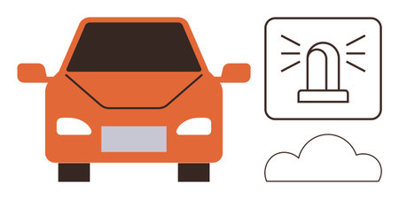 Orange car front view, accompanied by an emergency siren icon and a cloud shape. Ideal for mobility, transportation, safety, technology, innovation, cloud services and connectivity concepts. Aのイラスト素材
