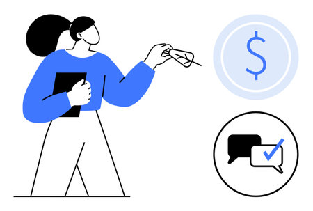 Woman holding document and leaf, dollar sign in circle, speech bubbles with checkmark. Ideal for finance, communication, decision-making, eco-consciousness, networking, analysis modern solutionsのイラスト素材
