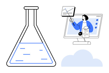 Science and education. Science ed by a flask for innovation and research. Education highlighted by online learning tools and a presenter. For e-learning, research, STEM, digital education, knowledgeのイラスト素材