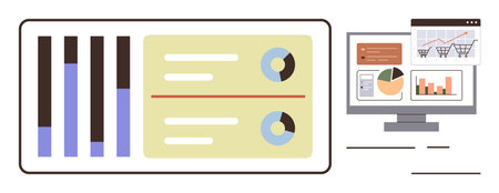 Bar charts, pie graphs, and analytics panels displayed side by side, highlighting trends and insights. Ideal for data analysis, business planning, performance tracking, research, reportingのイラスト素材