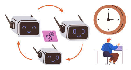 Smiling robots in sequence with arrows, gears indicating process automation, clock symbolizing time, individual at desk working with technology. Ideal for AI, efficiency, workflow, teamworkのイラスト素材