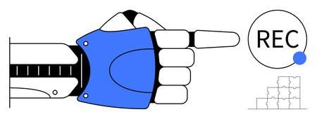Automation concept. Robotic hand interacting with a record button highlights automation in artificial intelligence. Automation improving workflows, technology, and productivity. For robotics, AIのイラスト素材