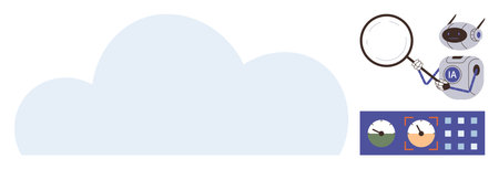 AI robot inspecting data with magnifier near cloud, dashboard displaying performance metrics. Ideal...