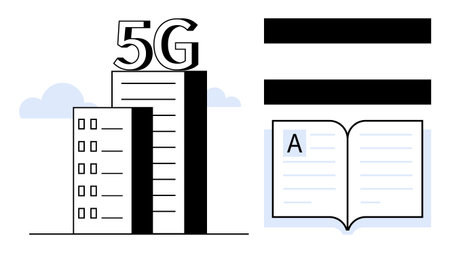 Two buildings with 5G text, open book with A sign, lines symbolizing text. Ideal for education,...