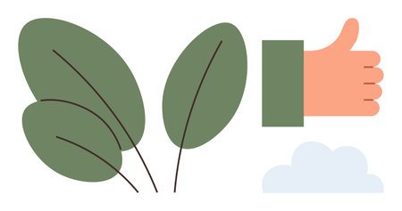 Environmental awareness, sustainability, ecological balance, positive feedback, eco-consciousness, nature preservation. Green leaves, thumbs up gesture and cloud illustration. Sustainabilityのイラスト素材