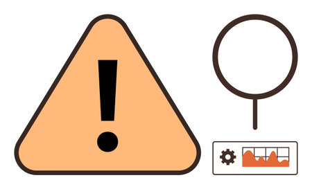 Risk management, threat detection, data analysis, system monitoring, alert notifications, cybersecurity. Warning triangle with exclamation. Risk management and threat detection conceptsのイラスト素材