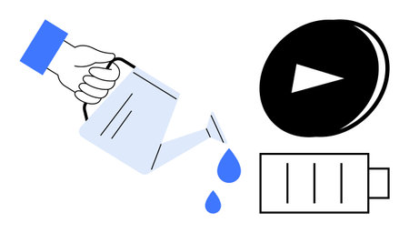 Environmental conservation, renewable energy, creative growth, productivity, innovation, sustainability. A hand pouring water, a battery icon and a play button. Conservation and renewable energyのイラスト素材