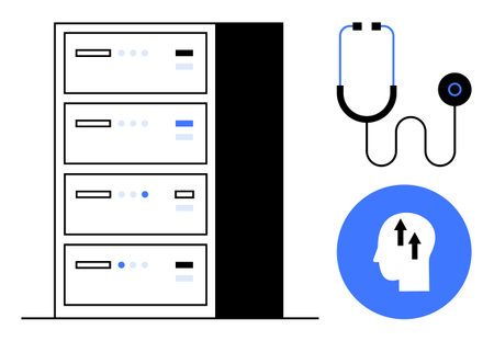 Medical data concept. Medical data storage systems for healthcare. Medical data analysis aids patient care and research. Perfect for health tech, data innovation, AI in medicine, hospitals, EMRのイラスト素材