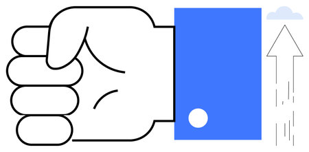 Business growth, success, motivation, progress, determination, upward momentum. A clenched fist with an arrow pointing upward and a cloud. Business growth and success conceptのイラスト素材