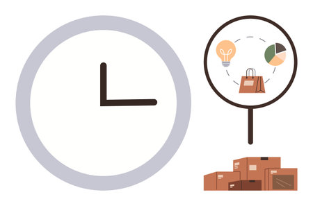 Business strategy, ecommerce, delivery logistics, efficiency planning, online shopping, analysis. Clock with delivery packages and a magnifying glass highlighting shopping and analytics. Businessのイラスト素材