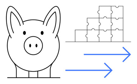 Financial concept. Piggy bank savings and finance management. Arrows showing progress with puzzle blocks building strategies. Ideal for banking, investments, fintech, education, business planningのイラスト素材