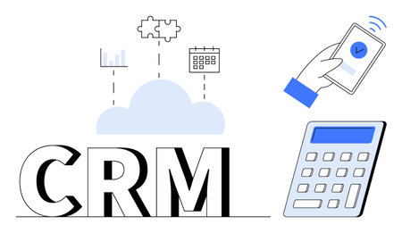 Business management, cloud computing, CRM integration, mobile solutions, data analysis, digital business. CRM with cloud, smartphone calculator. Business management and cloud computing conceptのイラスト素材