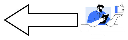 Business direction, feedback, approval, communication, digital interaction, decision-making. Left-facing arrow and a man using a tablet with a thumbs-up symbol. Business direction and feedbackのイラスト素材