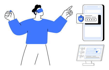 Cybersecurity, online privacy, identity protection, digital authentication, technology interface, data security. Person gesturing to secure login screens and digital icons. Cybersecurity and onlineのイラスト素材