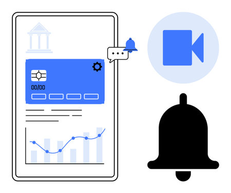 Online payments, financial management, digital banking, data analysis, notifications, virtual communication tools. Tablet with card graphic, bell and video icon. Online payments and financialのイラスト素材