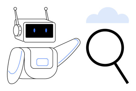 Robot pointing to a magnifying glass and a cloud, representing technology, AI, and data exploration....