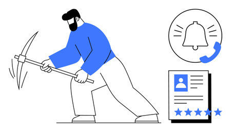 Man using pickaxe for data mining, notification bell icon with call alert, and user profile with star rating. Ideal for data mining, notifications, IT, cybersecurity, apps, reviews and technologyのイラスト素材