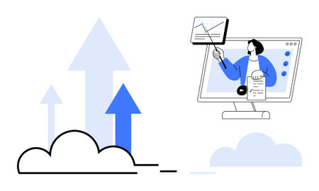 Business growth concept. Business growth showcased with digital tools, upward arrows success and analytics visuals. Business growth for management, marketing, technology, strategy, innovationのイラスト素材