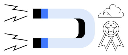 Business strategy, success, achievement goals, attraction, magnetism, motivation. A magnet with lightning bolts pulling an award and a cloud. Success and business strategy conceptのイラスト素材