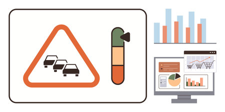 Traffic warning triangle with cars, progress bar, bar chart, and data dashboard on screen. Ideal for analytics, transportation, safety, decision-making technology automation education. Simple flatのイラスト素材