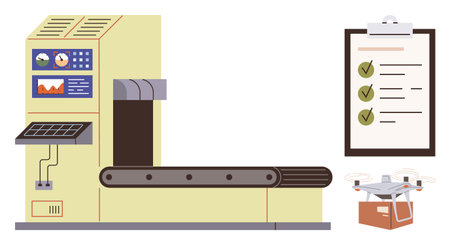 Industrial machine with conveyor belt, control panel, and metrics. quadcopter carries parcel near checklist with progress marks. Ideal for automation, productivity, quality control, innovationのイラスト素材