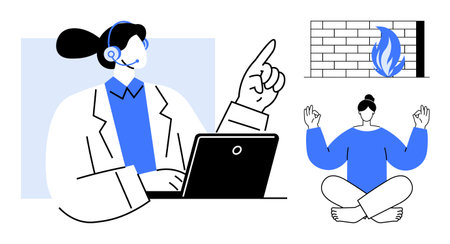 Digital transformation, customer service, cybersecurity, stress management, remote work, wellness. Call center agent wearing a headset, a meditating person and a firewall flame graphic. Customerのイラスト素材