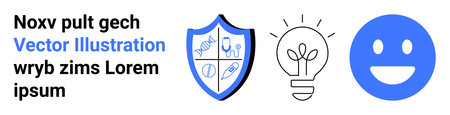 Healthcare, innovation, education, safety, wellness, positive emotions. Shield with medical icons, lightbulb symbol smiling face. Healthcare and innovation through symbolsのイラスト素材