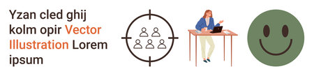 Marketing, business strategies, online learning, communication, audience targeting, emotional connection. Businesswoman using a laptop, target audience symbol happy face. Marketing and businessのイラスト素材