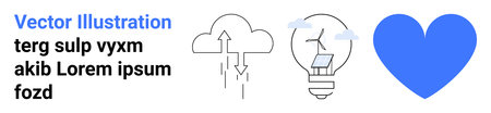 Sustainability, renewable energy, innovation, technology, cloud solutions, environmental care. a cloud, arrows light bulb with solar panel and heart. Emphasizing sustainability and renewable energyのイラスト素材