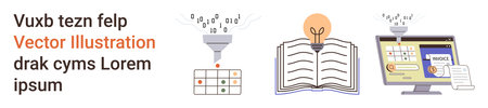Education, automation, data analysis, digital solutions, knowledge sharing, innovation. A funnel sorting data, an open book with a light bulb and a digital invoice on a screen. Educationのイラスト素材