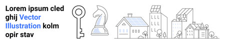 Sustainability, security, renewable energy, strategic planning, real estate, and urban design. Key, chess knight solar panels and buildings. Sustainability and renewable energy conceptのイラスト素材