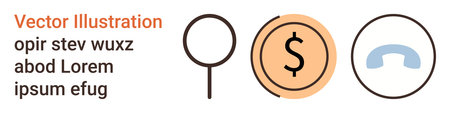 Data analysis, financial transactions, e-commerce, customer support, communication tools, business services. Magnifying glass, dollar symbol and phone icon in a minimalist design. Data analysisのイラスト素材