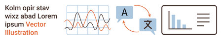 Data analysis, language translation, education, communication tools, research, workflow. Graphs, speech bubbles with translation elements bar chart. Data analysis and language translation conceptのイラスト素材