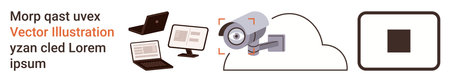 Online security, surveillance networks, data protection, cloud computing, smart technology, digital privacy. CCTV camera, cloud devices. Online security and surveillance networks conceptのイラスト素材