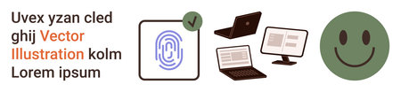 Digital security, user authentication, data access, technology usage, communication, user interface. A fingerprint icon, devices and happy face. Digital security and authentication in focusのイラスト素材