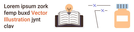 Education, knowledge sharing, medical services, innovation, ideas, healthcare. Open book with a lightbulb, medicine bottle and lines. Education and healthcare visual conceptsのイラスト素材