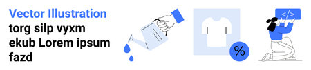 E-commerce, online shopping, technology, software coding, retail, discounts. A woman with code, clothing icon water pouring and percentage sign. E-commerce and online shopping visualsのイラスト素材
