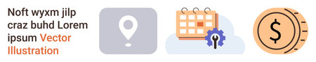 Business planning, financial management, navigation, scheduling, productivity, cost analysis. Location pin, calendar with gear icon and coin design. Navigation and financial management conceptsのイラスト素材