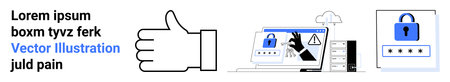 Cybersecurity, data protection, online safety, digital security, password management, warning systems. A hand gesture, a locked padlock and warning signs on screens. Cybersecurity and dataのイラスト素材
