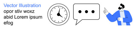 Time management, workplace communication, planning, productivity, business processes, conceptual design. Clock, speech bubble and person pointing in a presentation. Time management and workplaceのイラスト素材