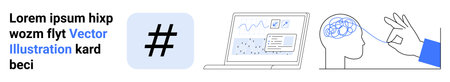 metadata tag, data on laptop screen, brain analysis, and hand pointing to ideas. Ideal for...