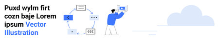 Man engages with a digital interface while a cyclical data flow diagram represents process...